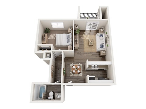 A white model of a house with a kitchen, living room, and bedrooms.